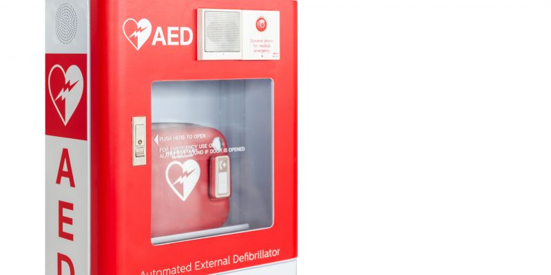 AED box or Automated External Defibrillator medical first aid device.