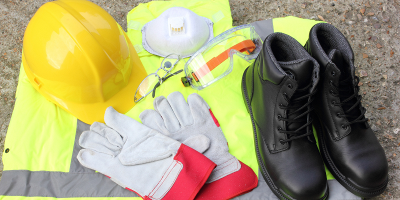 PPE, including gloves, eye protection, hard hat, respirator, and boots